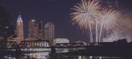 Columbus, Ohio downtown city skyline with fireworks