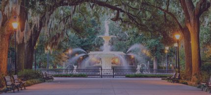 Savannah, Georgia Forsyth Park fountain with tree canopy
