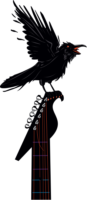 Crow with flapping wings on a guitar handle graphic