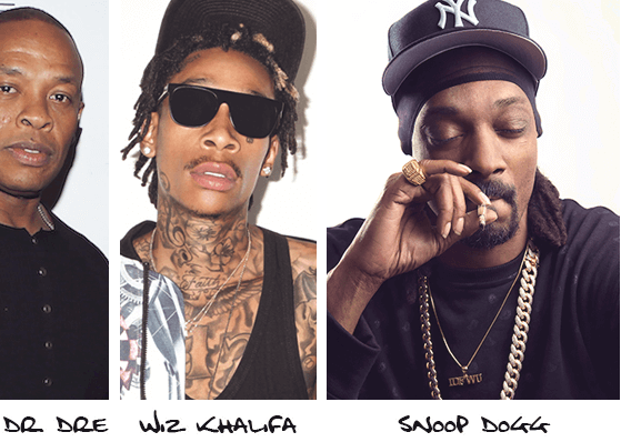 Collage of Dr. Dre, Wiz Khalifa and Snoop Dogg